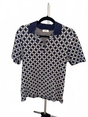 Sandro Navy and White Geometric Polo Shirt